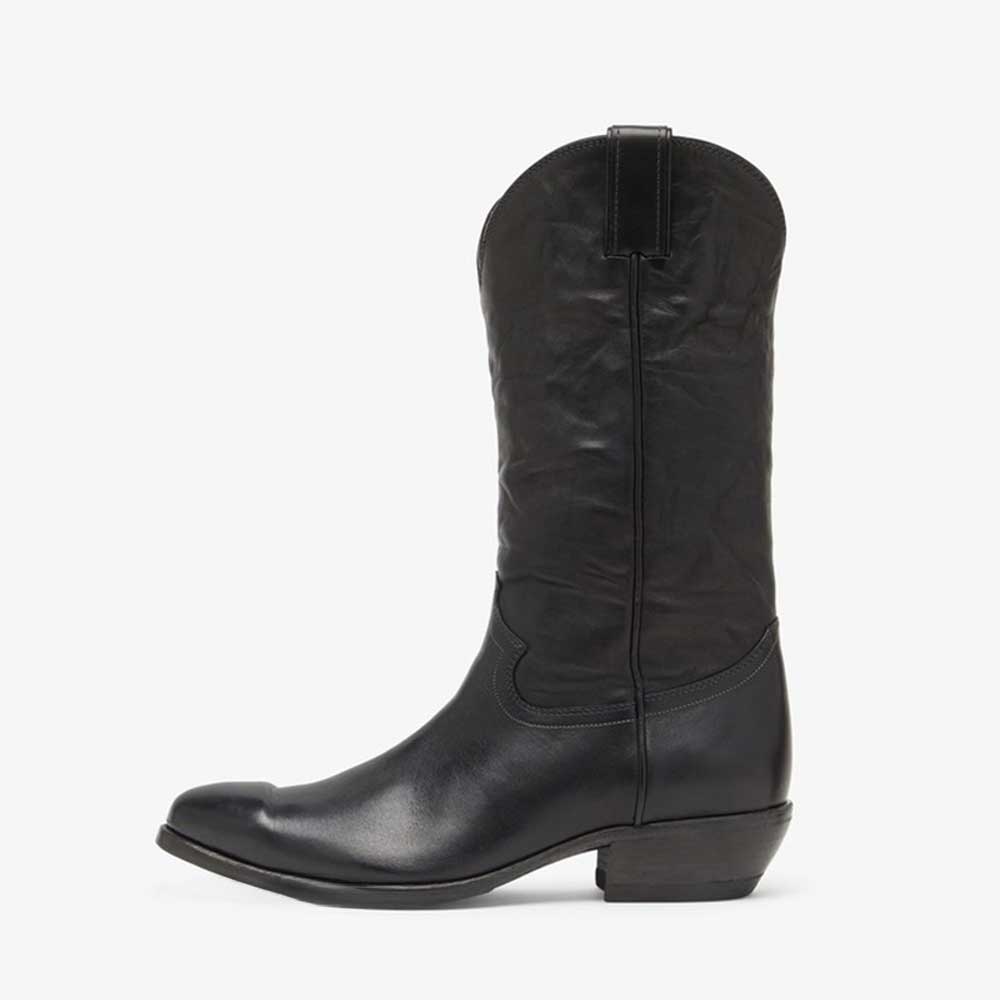 Classic Black Round Toe Chunky Heel Mid-Calf Cowboy Boots for Women Nicepairs