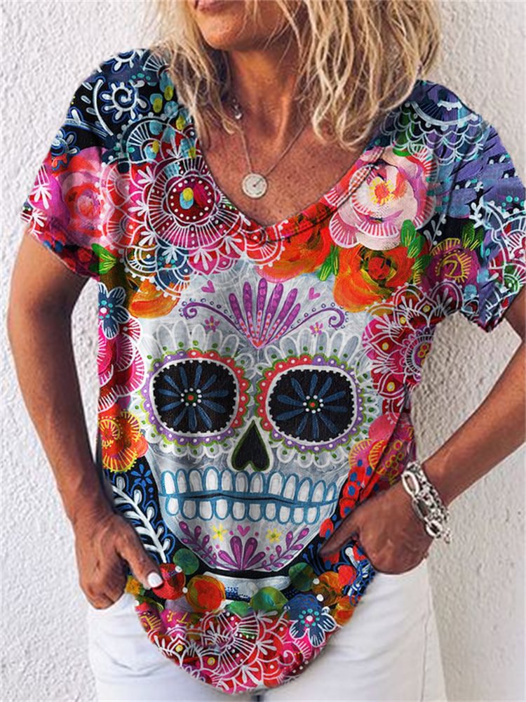Floral Sugar Skull Art V Neck T Shirt