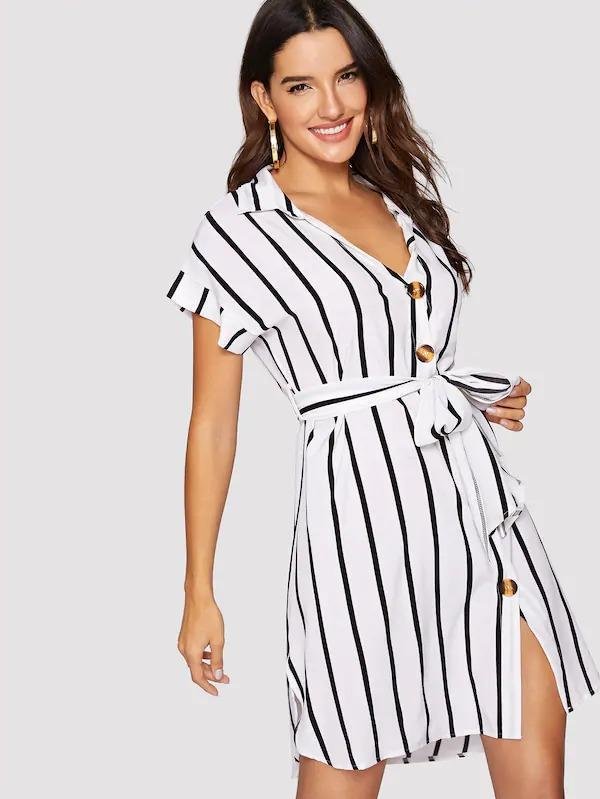 Striped Button Through Belted Shirt Dress - VSMEE