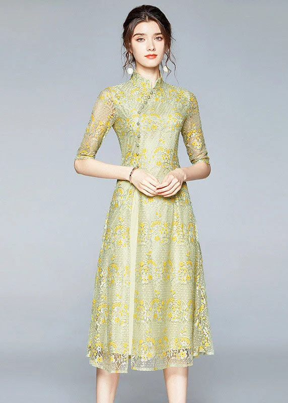 Chinese Style Yellow Stand Collar Button Patchwork Front Open Lace Dress Summer