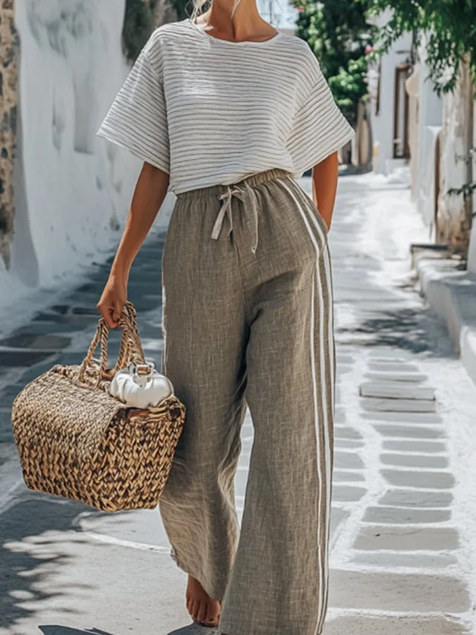 Women'S Casual Cotton And Linen Vacation Striped Top And Pants Set 