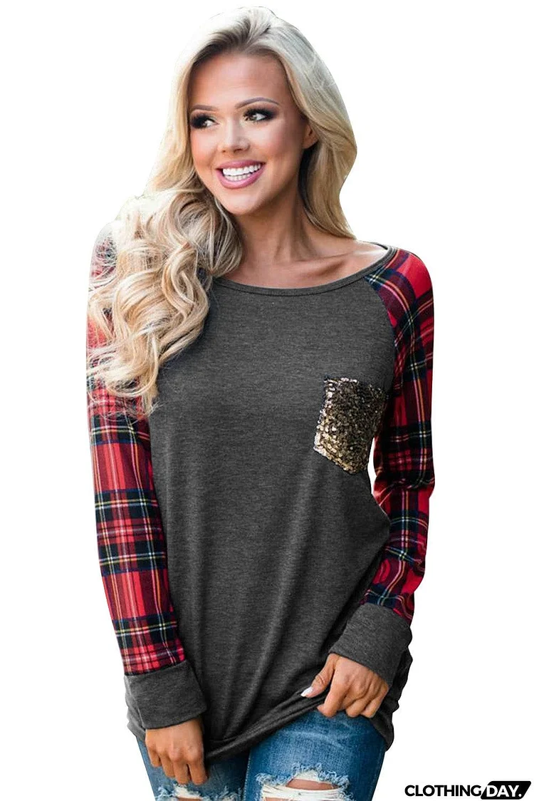 Plaid Splicing Sequined Pocket Long Sleeve Top