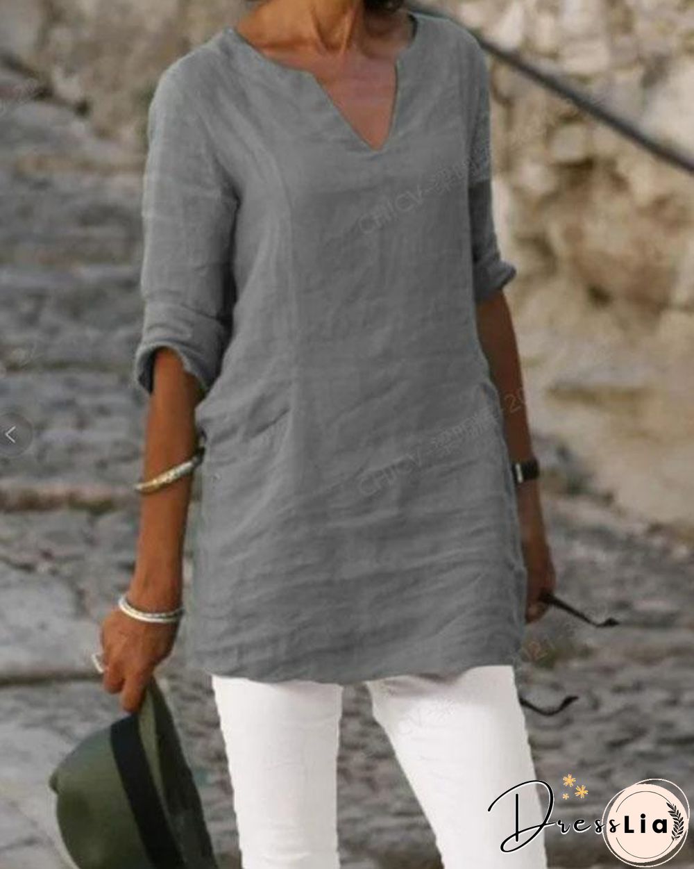 Women V Neck Plain Color Casual Linen Tops