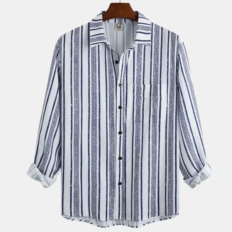 Men's Cotton Linen Vintage Stripe Chest Pocket Long Sleeve Shirt-inspireuse
