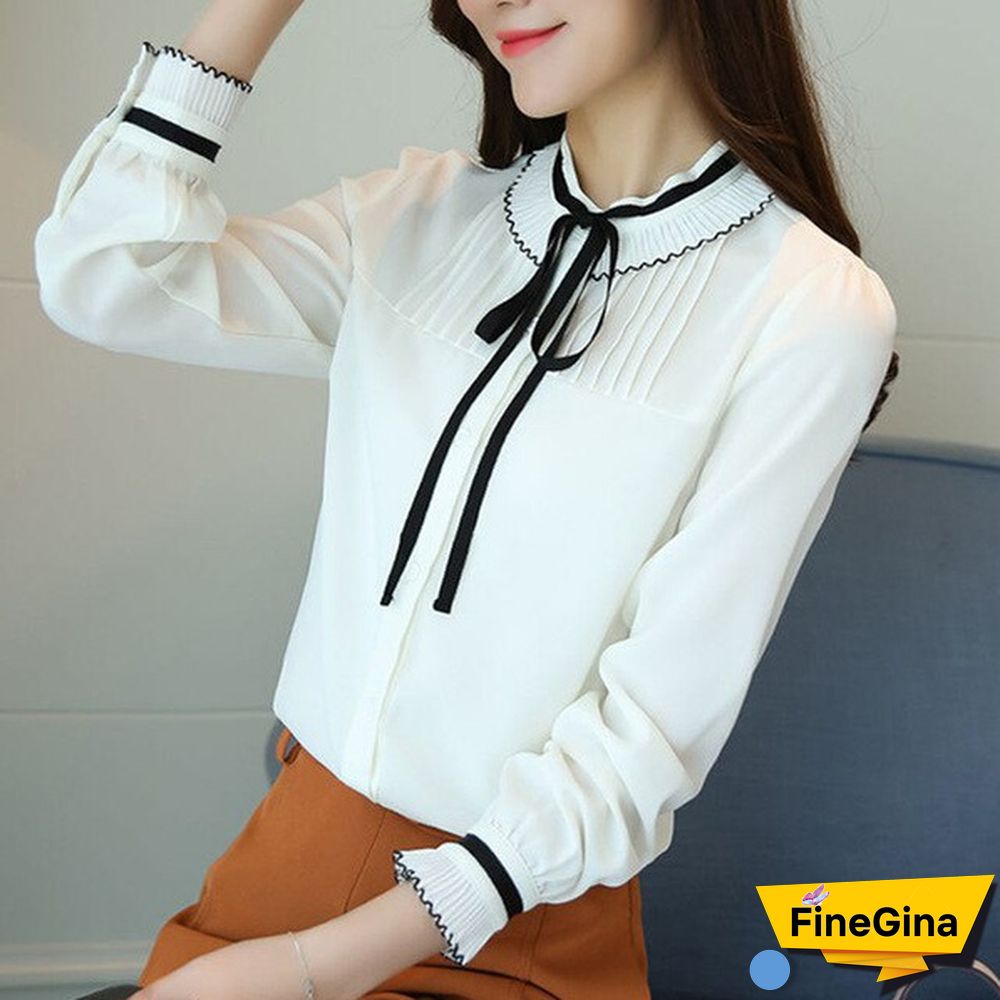 Spring Autumn Women Long-sleeved Bow Tie Chiffon Blouses Female Pleated Ruffle Bottoming Shirt Stand Collar Sweet Tops