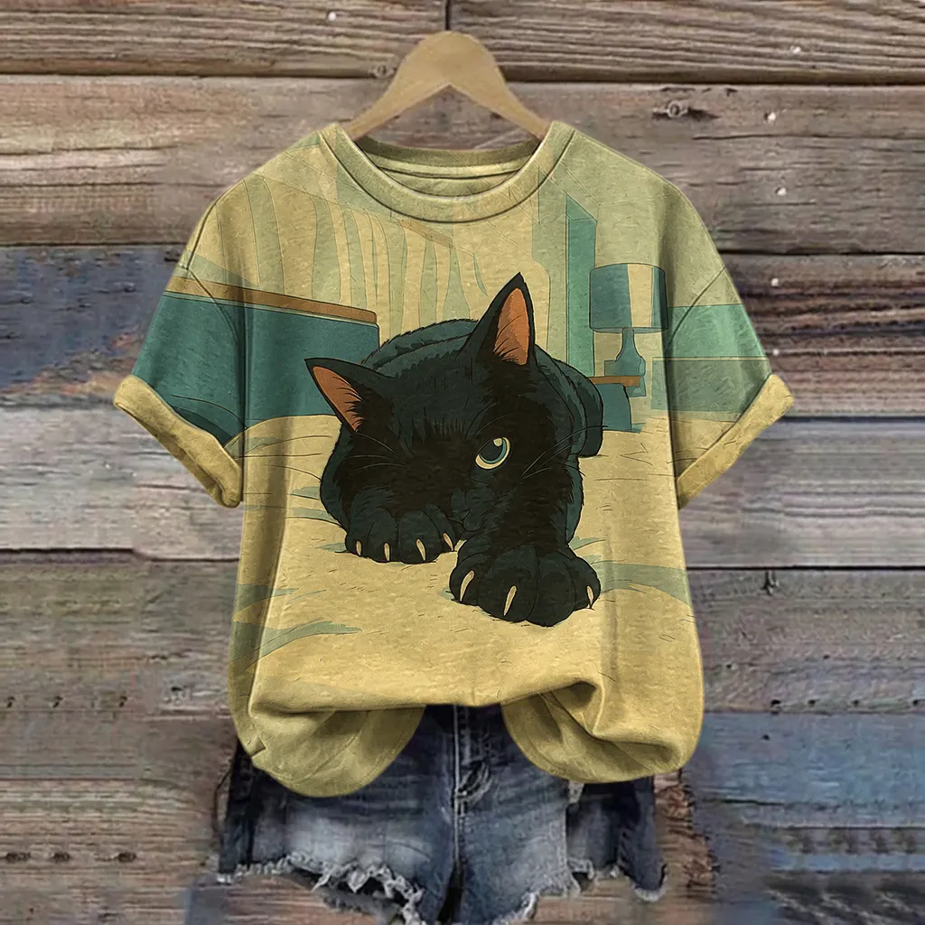 Comstylish Women's Retro Abstract Geometric Cat Art Pattern Casual T-shirt