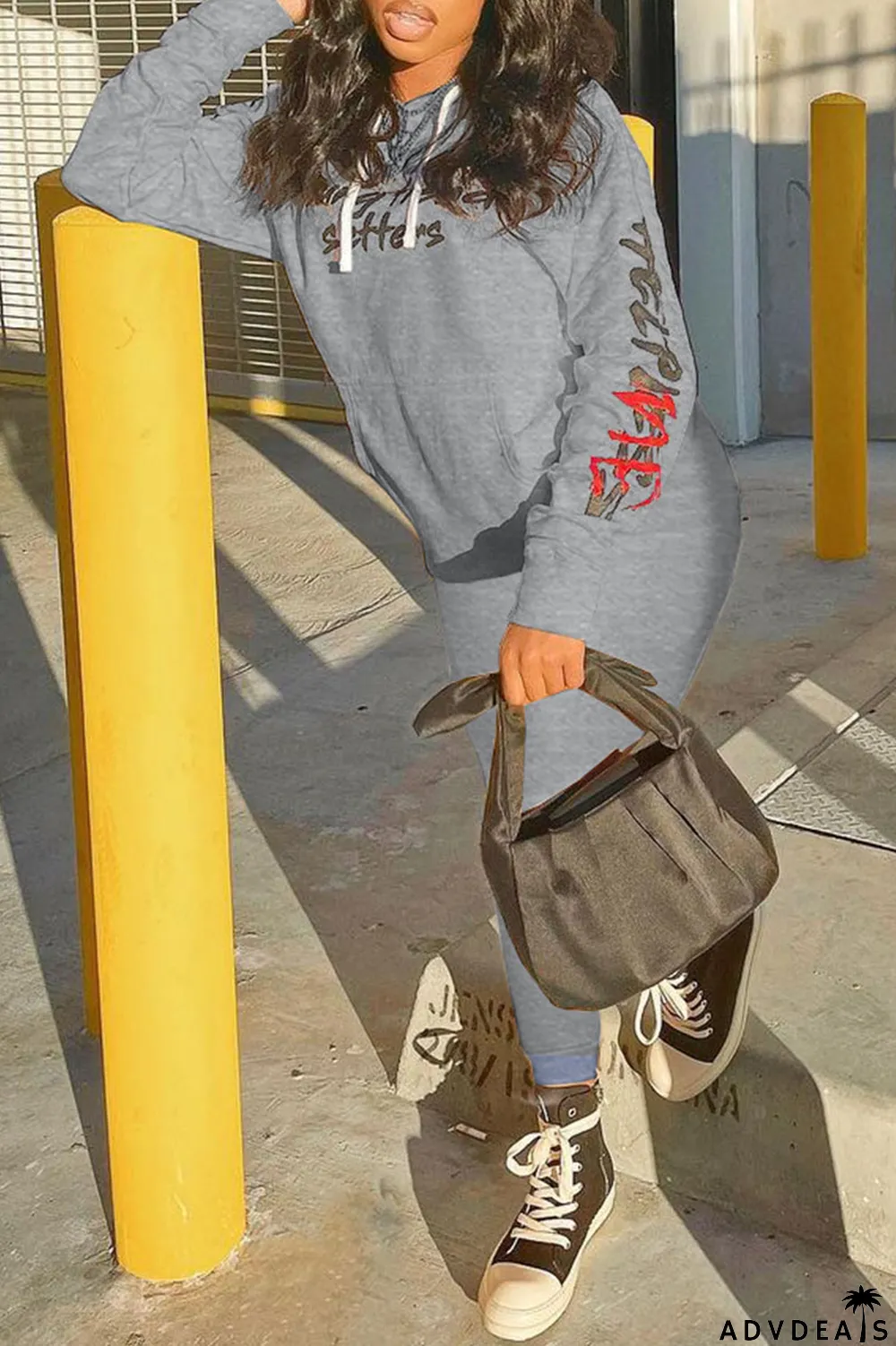 Grey Fashion Sportswear Print Split Joint Hooded Collar Long Sleeve Two Pieces