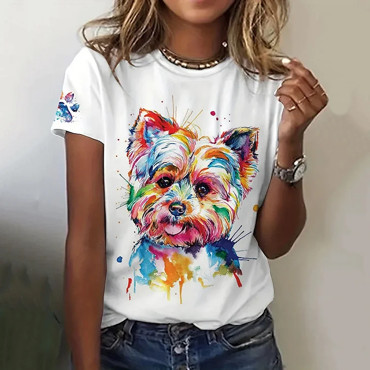 Women's Cute Colorful Dog Printed Casual T-Shirt