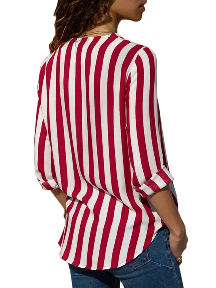 Women Striped Blouse V-neck Long Sleeve Blouses Shirts Casual Tops Work Wear Chiffon Shirt Plus Size Blusas Mujer De Moda 2022