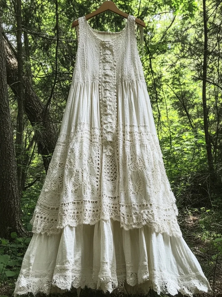Vintage Floral Lace Patchwork Sleeveless Linen Maxi Dress