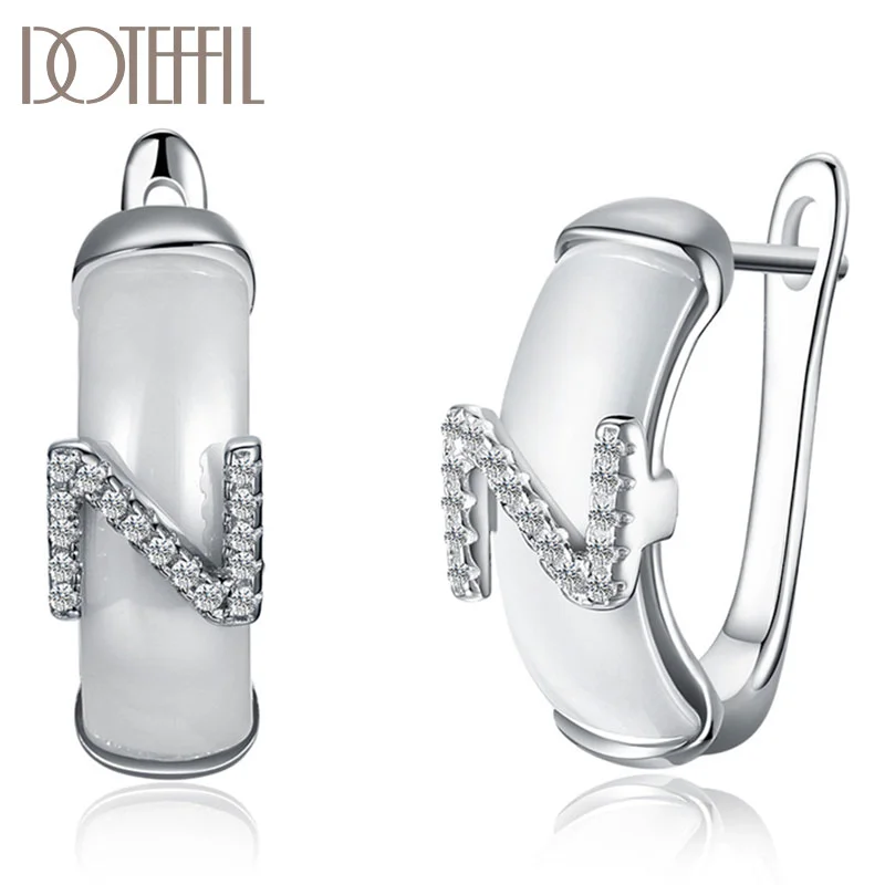 DOTEFFIL 925 Sterling Silver Black/White Ceramics AAA Zircon Earrings Fashion For Woman Jewelry