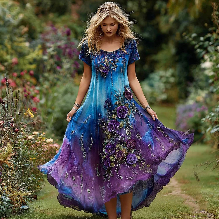 Women's Vintage Floral Embroidery Gradient Pattern Round Neck Dress