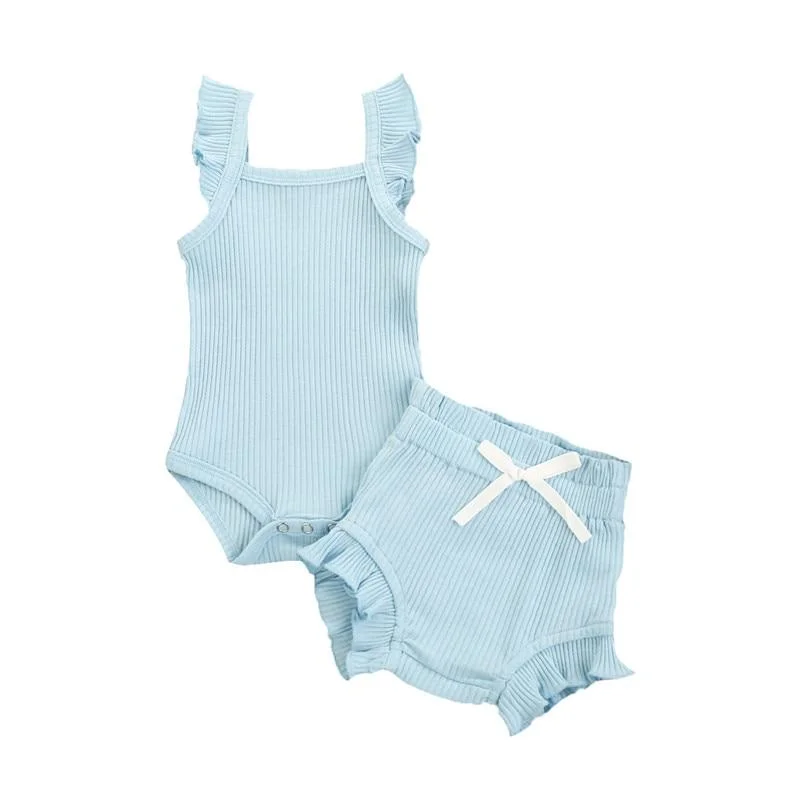 2021 Baby Summer Clothing Baby Girl Tops, Lace Up Pants Suit, Square Neck Short Ruffle Sleeve Romper, Loose Flouncing Shorts