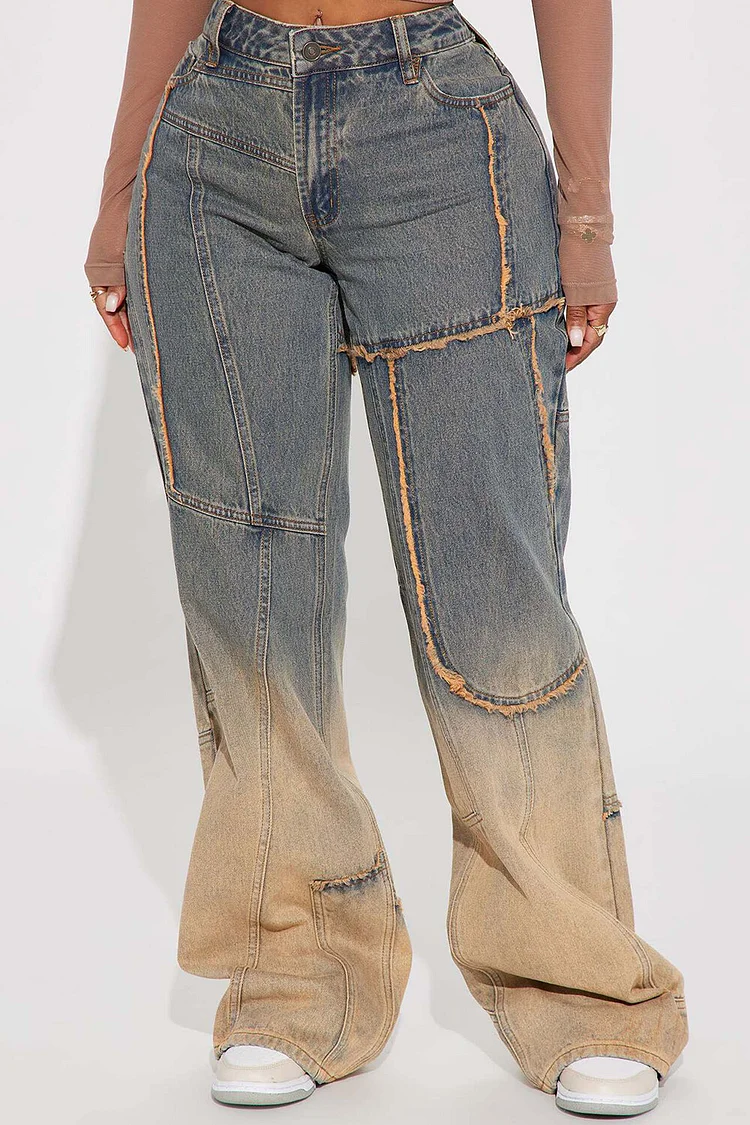 Gradient Color Denim Raw Edge Straight Leg Jeans-Blue