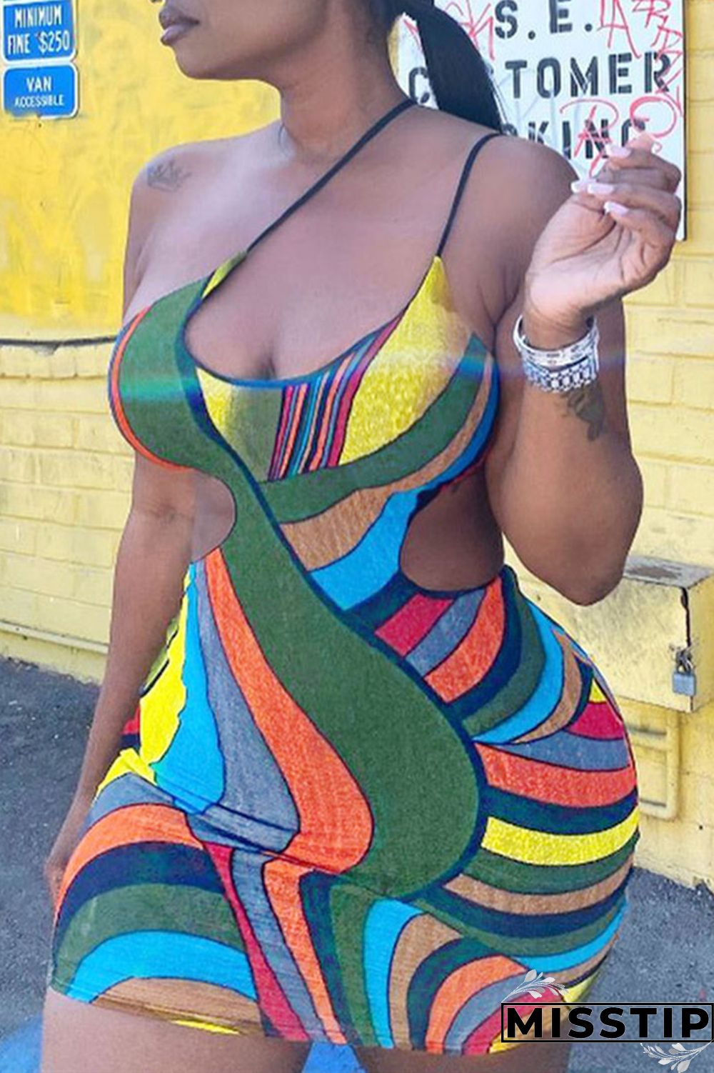 Multicolor Fashion Sexy Print Hollowed Out Backless Spaghetti Strap Sleeveless Dress