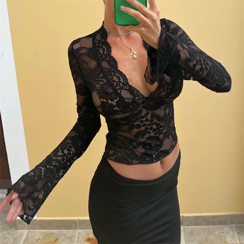 Women Sexy See Through Deep V Neck Flared Long Sleeve Aesthetic Lace T-Shirt 