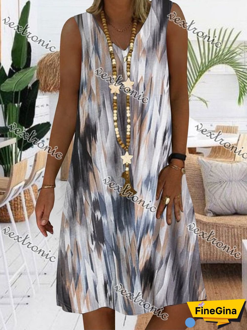 Women White Sleeveless V-neck Printed Midi Dress