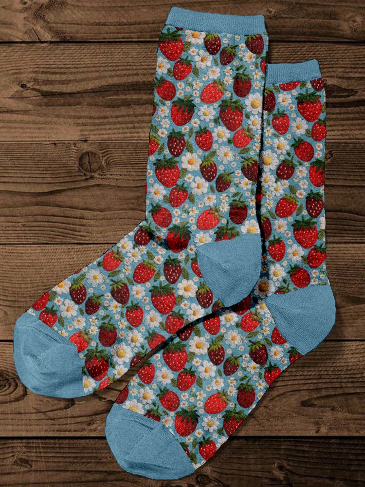 Felt Strawberries and Flowers Embroidery Art Cozy Socks