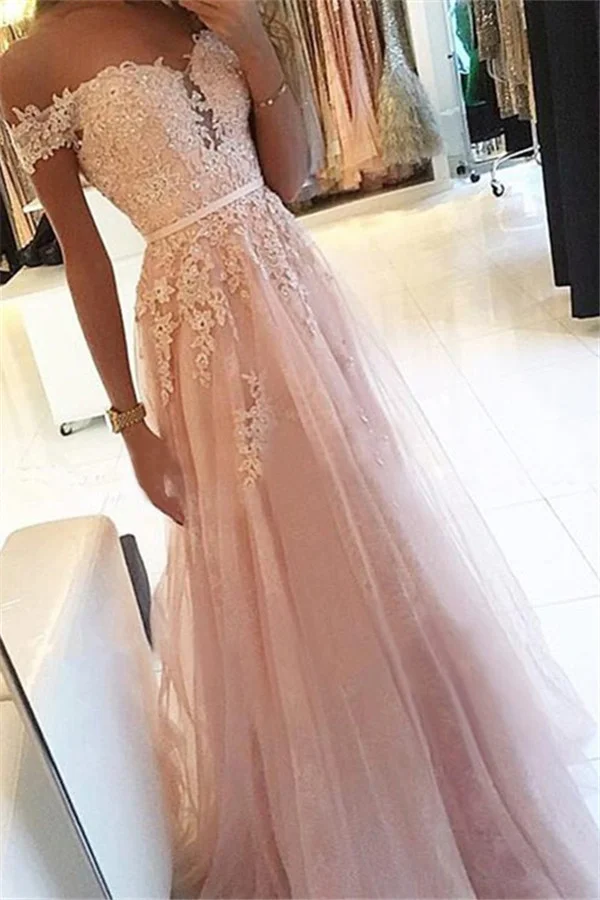 Gorgeous Off-the-Shoulder Lace Appliques Prom Dress Tulle Long Party Gowns - lulusllly