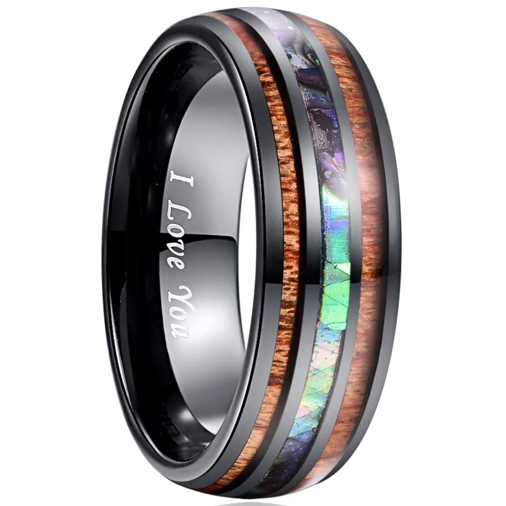 4MM 6MM 8MM 10MM Mens Women Tungsten Hawaiian Koa Wood and Black Abalone Shell Imitated Opal Inlay Tungsten Carbide Rings Wedding Bands for Womens Men Comfort Fit Ring