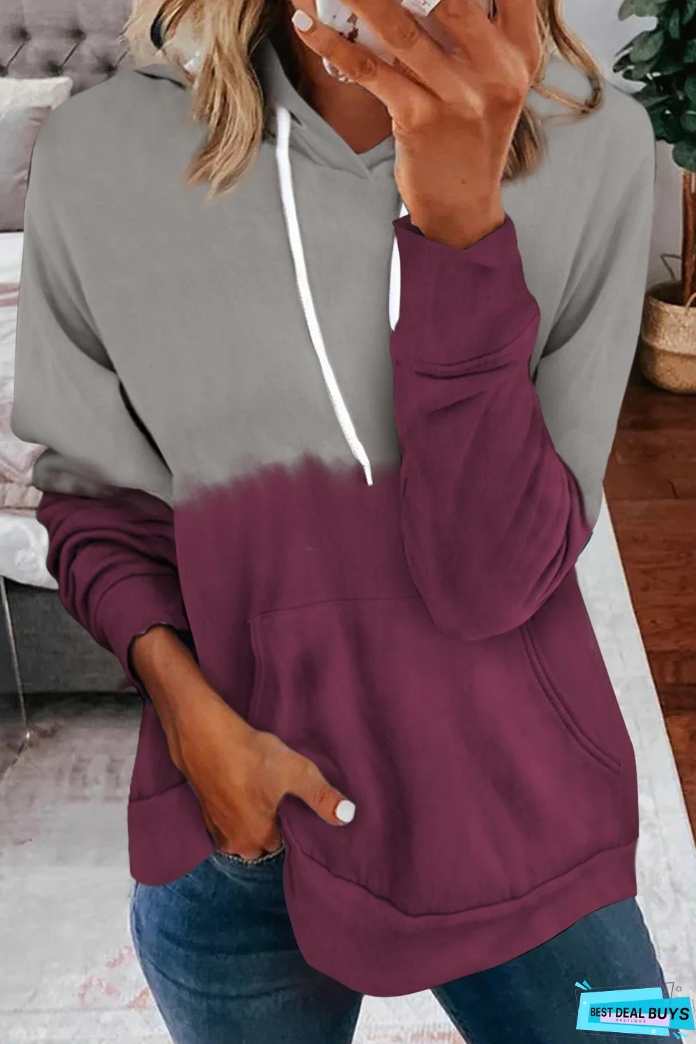 Burgundy Dip-Dye Colorblock Drawstring Hoodie with Pockets