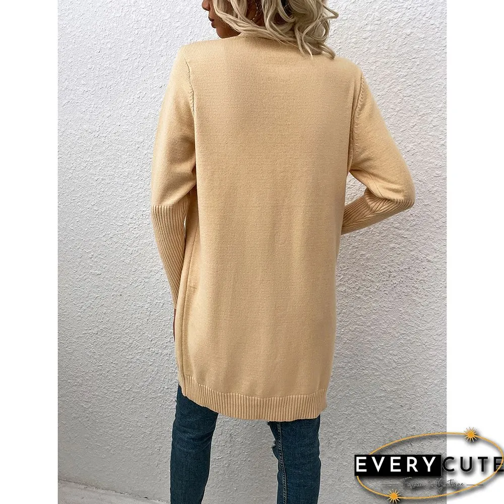 Solid Apricot Knitted Long Cardigan with Pockets