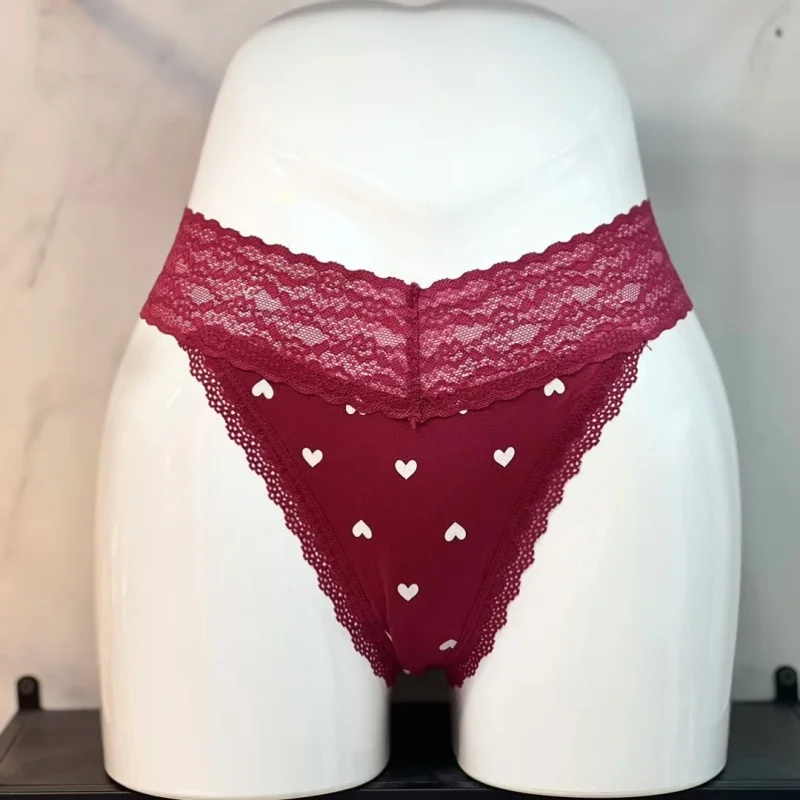 Athvotar Athvotar Breathable Cotton Splicing Lace T-Shirts Heart-Shaped Printed Cotton Lace Side Plus-Size Low-Rise T-Sants Ladies Trousers