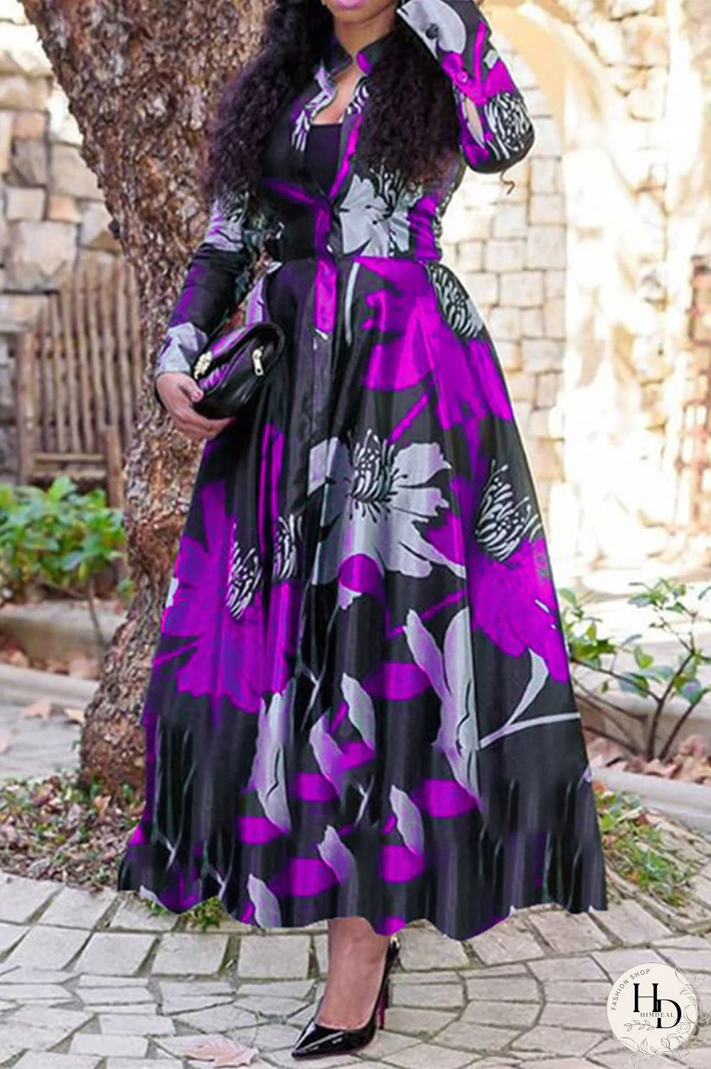 Red Fashion Print Basic Turndown Collar Long Sleeve Dresses