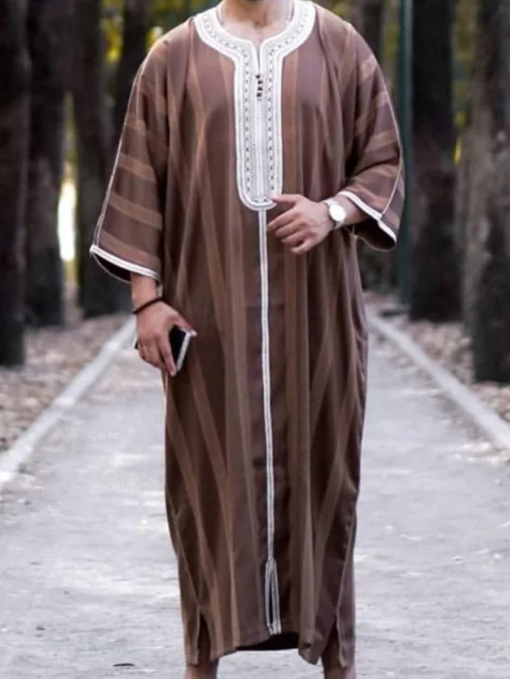 Muslim Striped Print Loose Casual Long Shirt Robe