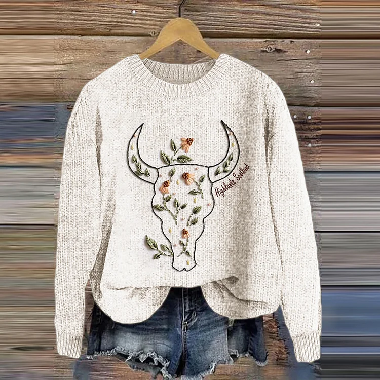 Comstylish Scotland Travel Highland Cattle Floral Embroidery Casual