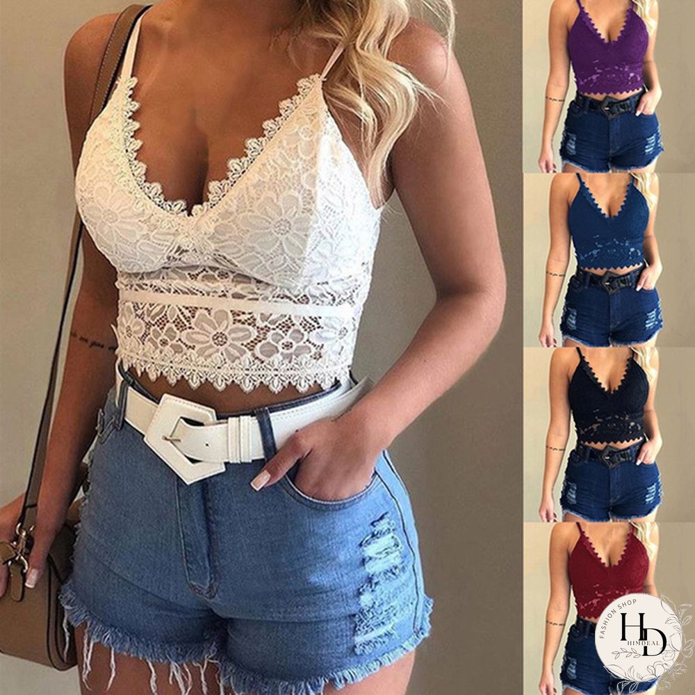 Womens Fashion Lace Floral Bralette Blouses V-Neck Tank Tops Crop Top Spaghetti Strap