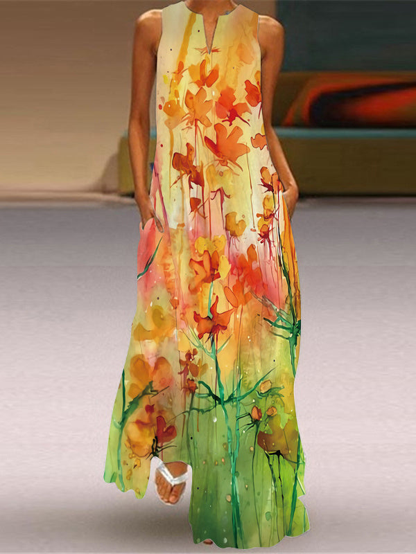 Women's Sleeveless V-neck Floral Printed Graphic Maxi Dress