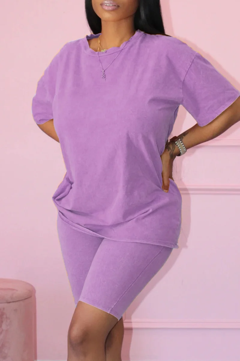Purple Fashion Casual Solid Basic O Neck Short Sleeve Two Pieces | EGEMISS