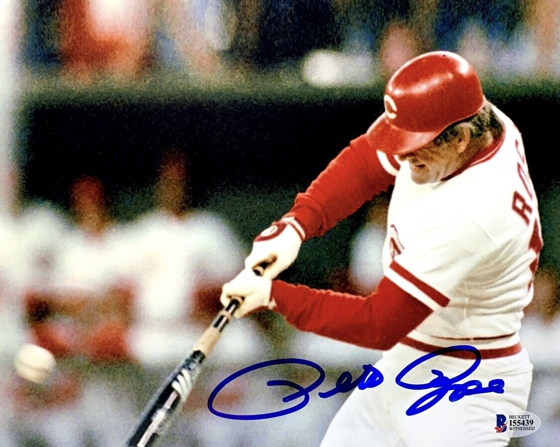 Pete Rose Signed Baseball 8x10 Photo Poster painting Beckett I55439 Phillies Reds