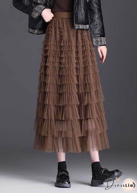 Stylish Coffee Ruffled Layered Patchwork Tulle Skirt Spring