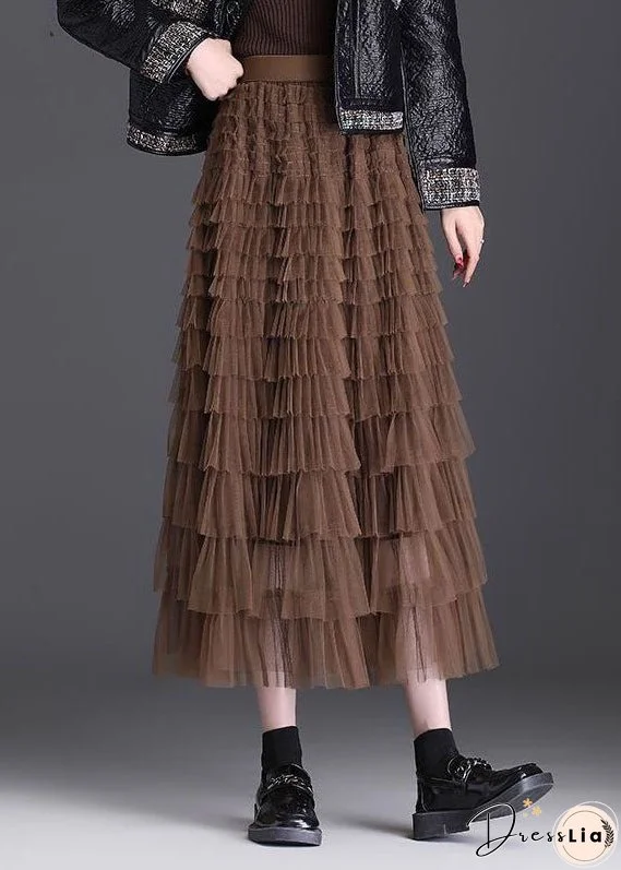 Stylish Coffee Ruffled Layered Patchwork Tulle Skirt Spring