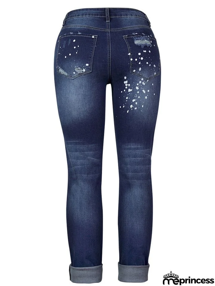 Women's Stretch Wash Effect Ripped Straight-Leg Street Style Jeans