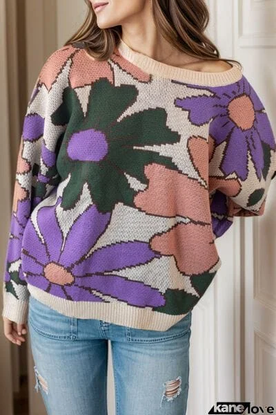 Flower Round Neck Dropped Shoulder Sweater