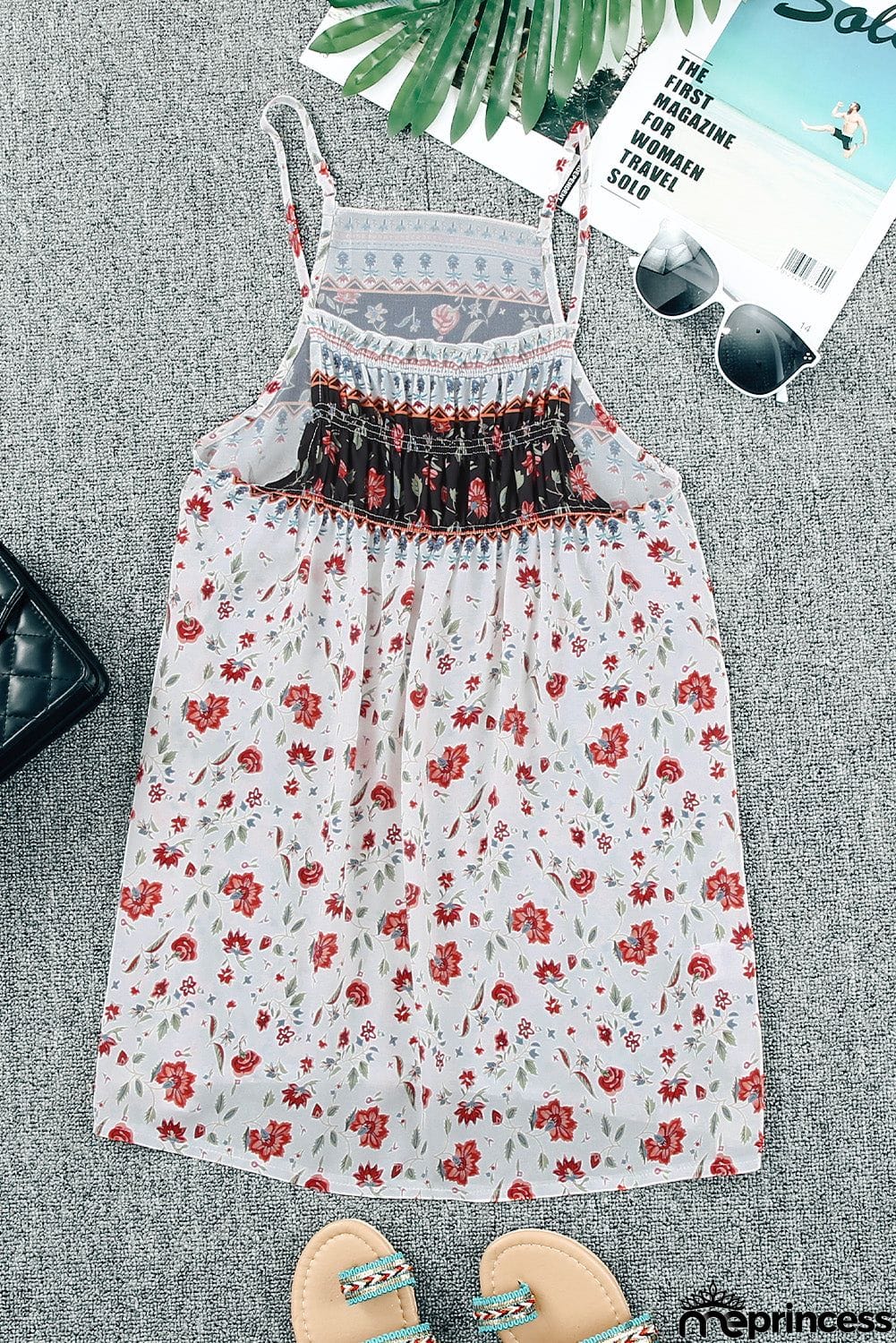 Smocked Frilled Boho Floral Print Halter Tank Top