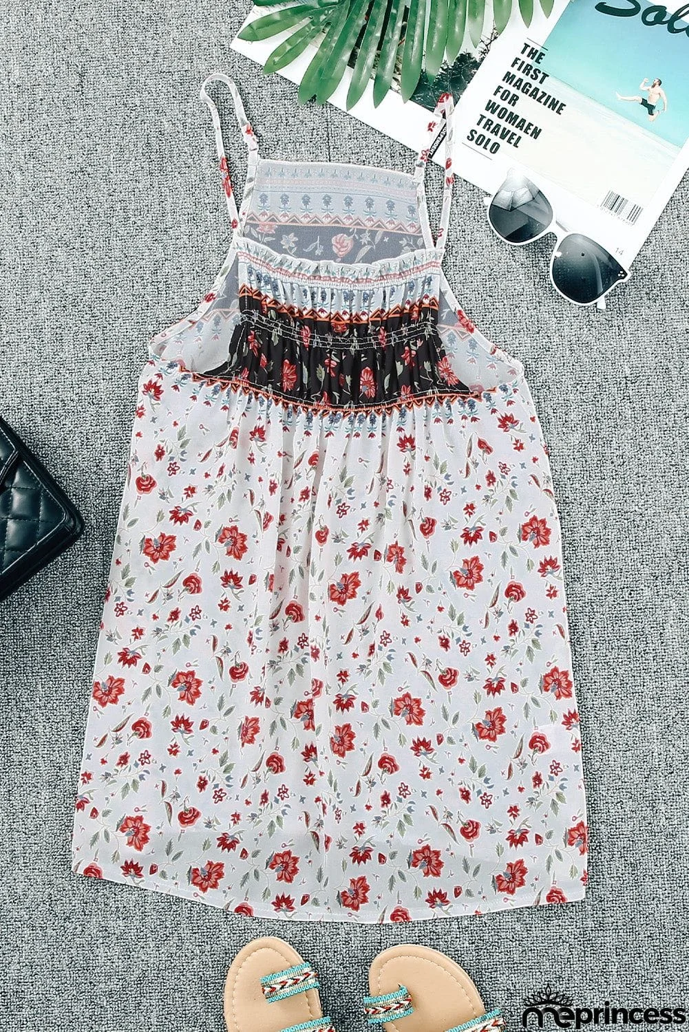 Smocked Frilled Boho Floral Print Halter Tank Top