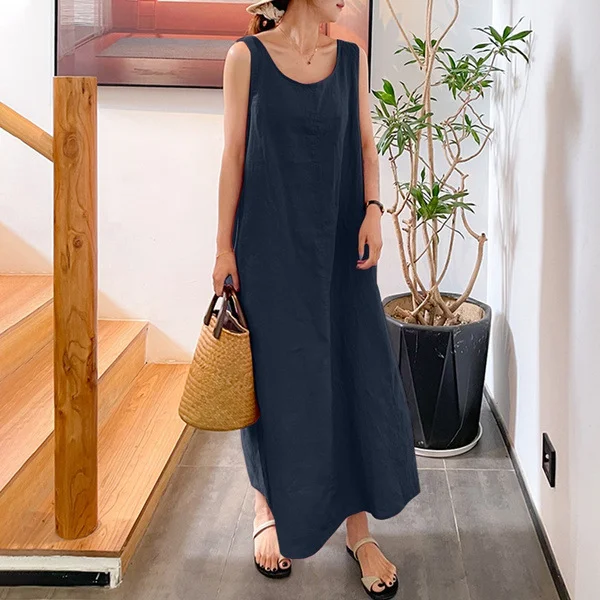 Comstylish Solid Color Casual Round Neck Loose Maxi Dress