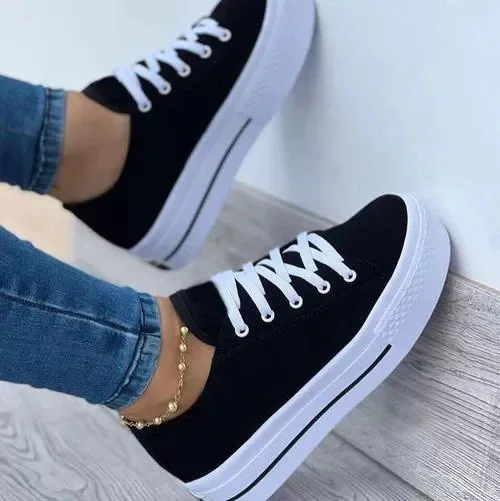 Tanguoant Women's Canvas Shoes European and American New Thick-soled Lace-up Canvas Shoes Women's Low-top Shoes zapatos de mujer