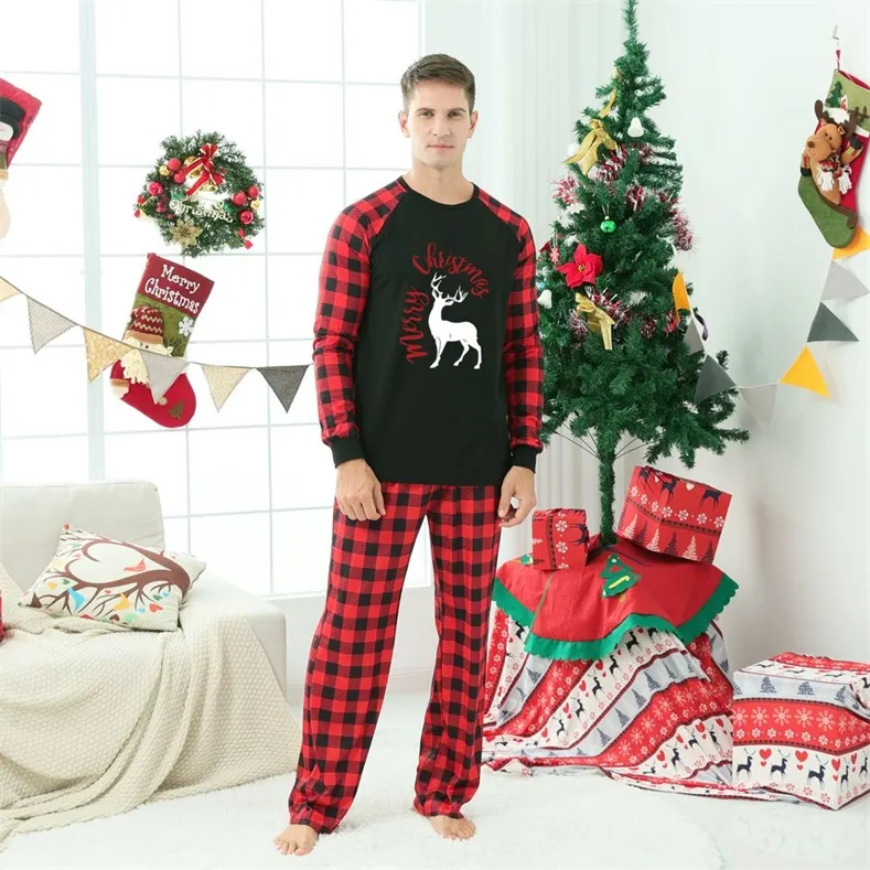 Reindeer Alphabet Check Print Christmas Family Matching Pajamas (with Pet Dog Clothes)