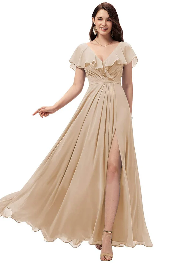 Daisda Chiffon Ruffles Cheap Bridesmaid Dresses With Slit