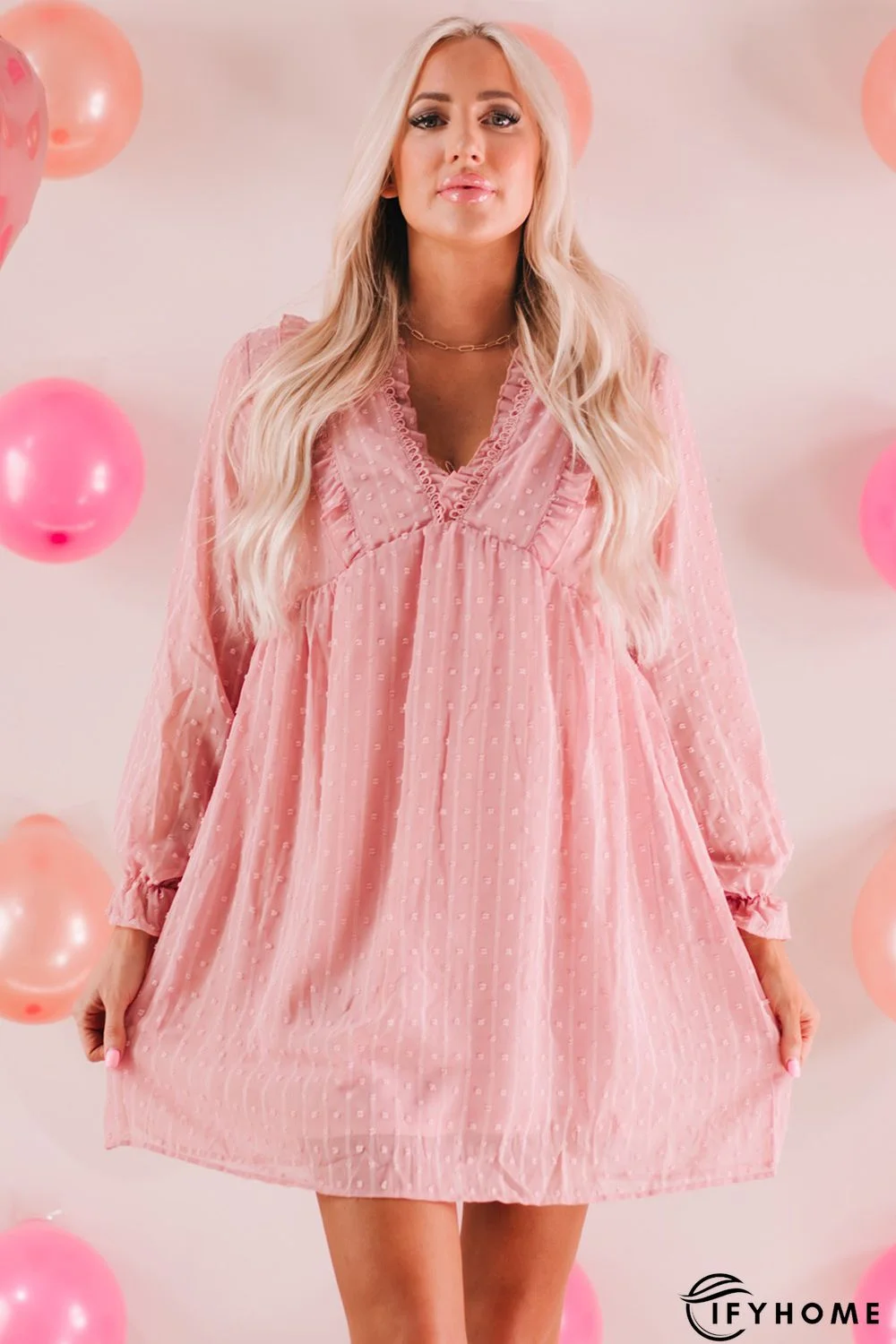Pink Swiss Dot Ruffle V Neck Mini Dress | IFYHOME