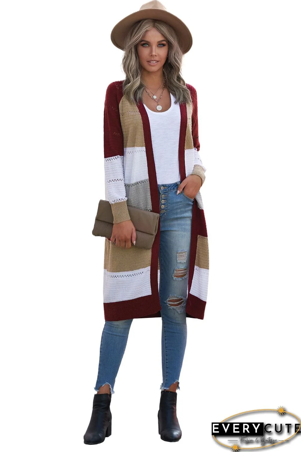 Wine Color Block Eyelet Knitted Lightweight Cardigan