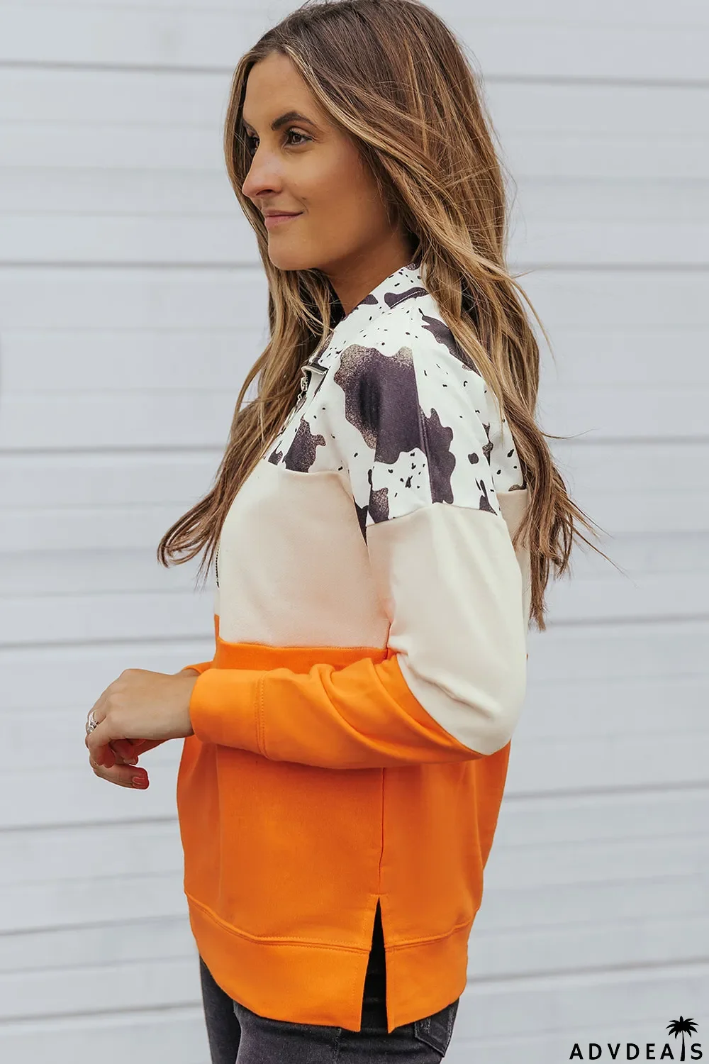 Cow Print Color Block Zip-Up Pullover Sweatshirt