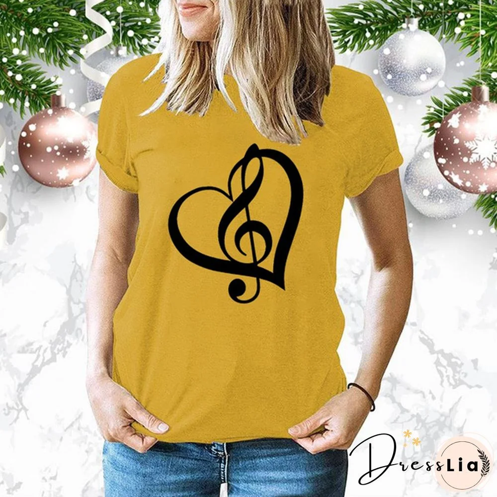 Cute Music Printed T-Shirts Women Short Sleeve Funny Round Neck Tee Shirt Casual Summer Tops