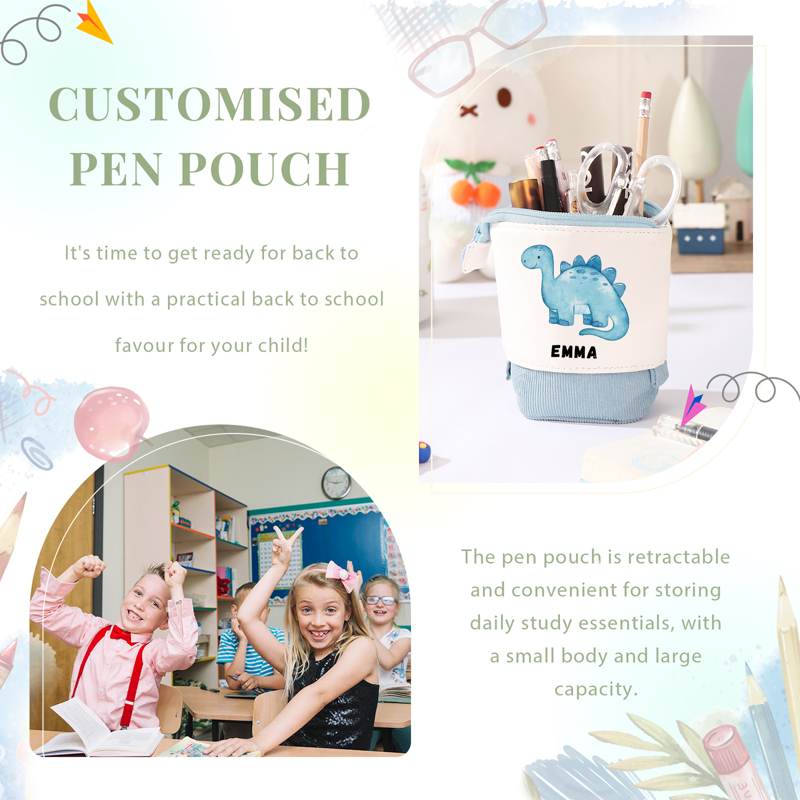 Astuccio per matite personalizzato con 1 nome e 1 dinosauro regalo per scuola elementare bambini