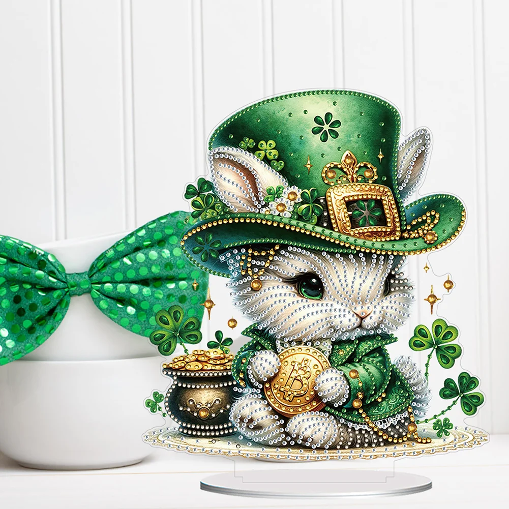 DIY Acrylic St. Patricks Day Rabbit Special Shape Diamond Painting Tabletop Ornament Creative Home Decor & Gift Idea for Adults - Relaxing Craft Activity